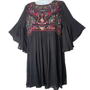 Umgee Black Colorful Floral Embroidered Bell Sleeve Babydoll Mini Dress Boho S